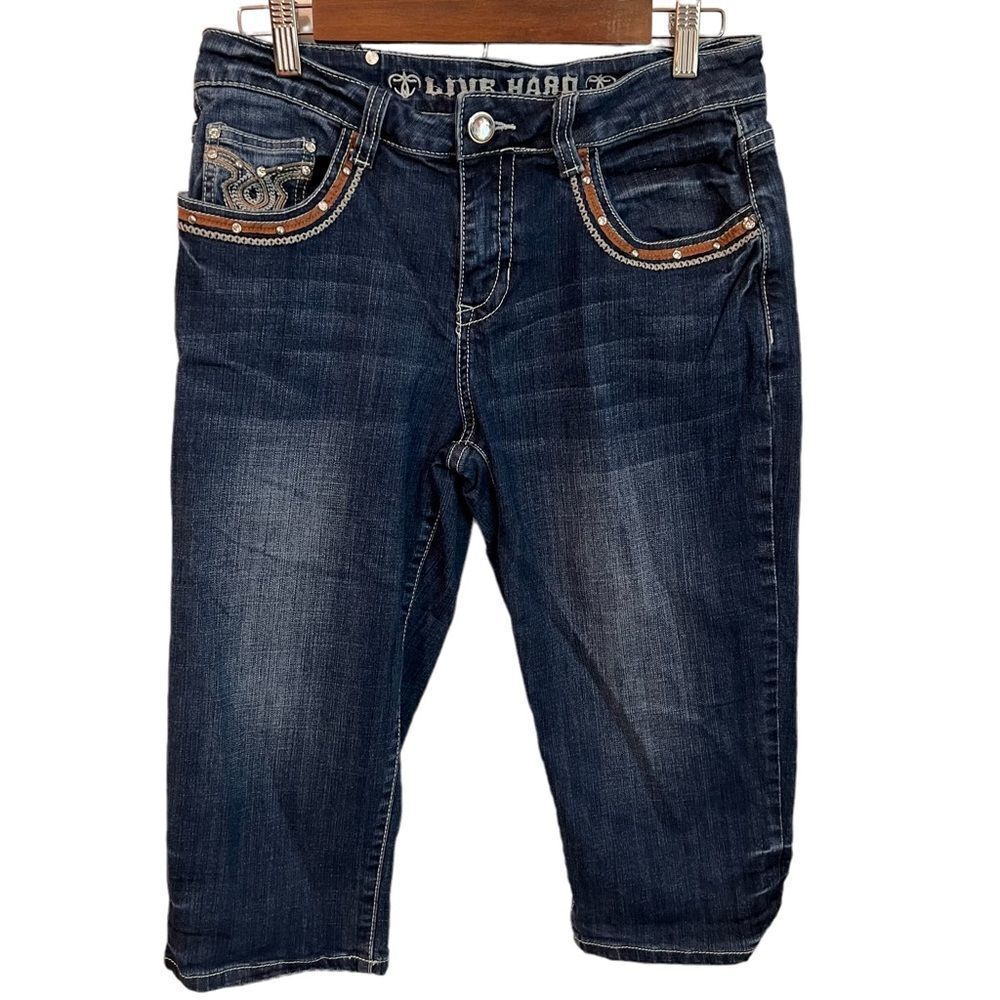 Live Hard size 8 crop/Bermuda dark wash with faux leather crystal embroidery